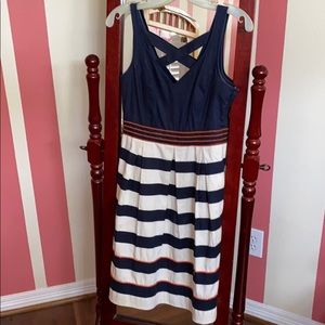 Navy and white striped dress with orange beading